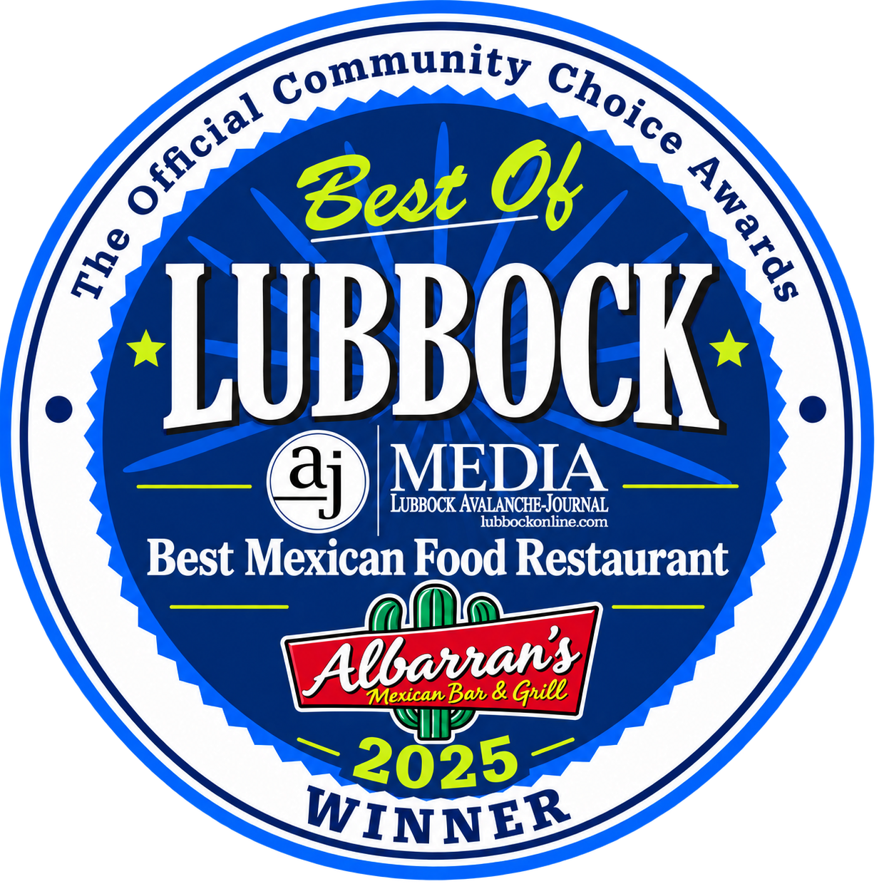 Best of Lubbock 2025 winner badge — Best Mexican Food Restaurant, Albarran's Mexican Bar & Grill